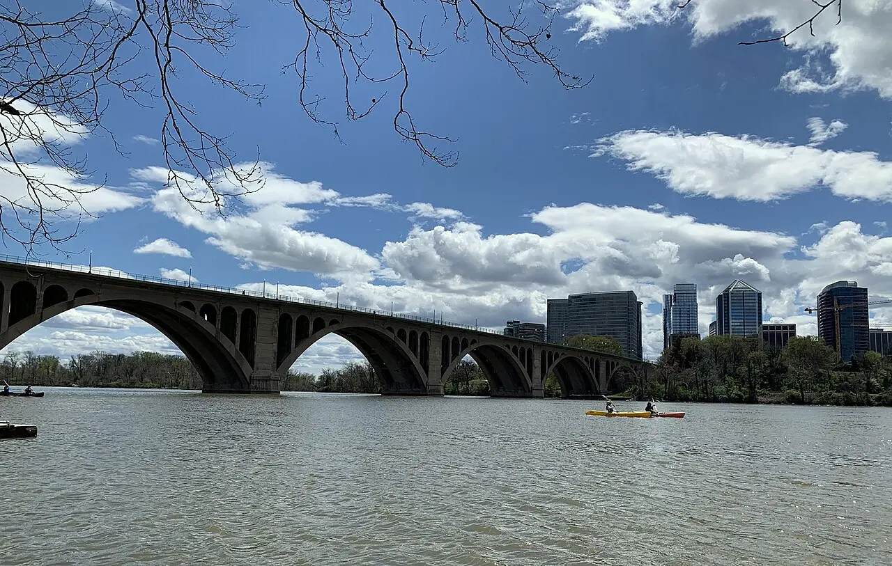 The Potomac River and Key Bridge seen from the Washington shore.